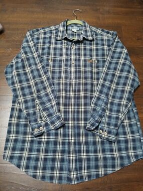 Carhartt Men's 100% Cotton Flannel Plaid Button-Up Shirt Blue White Size L